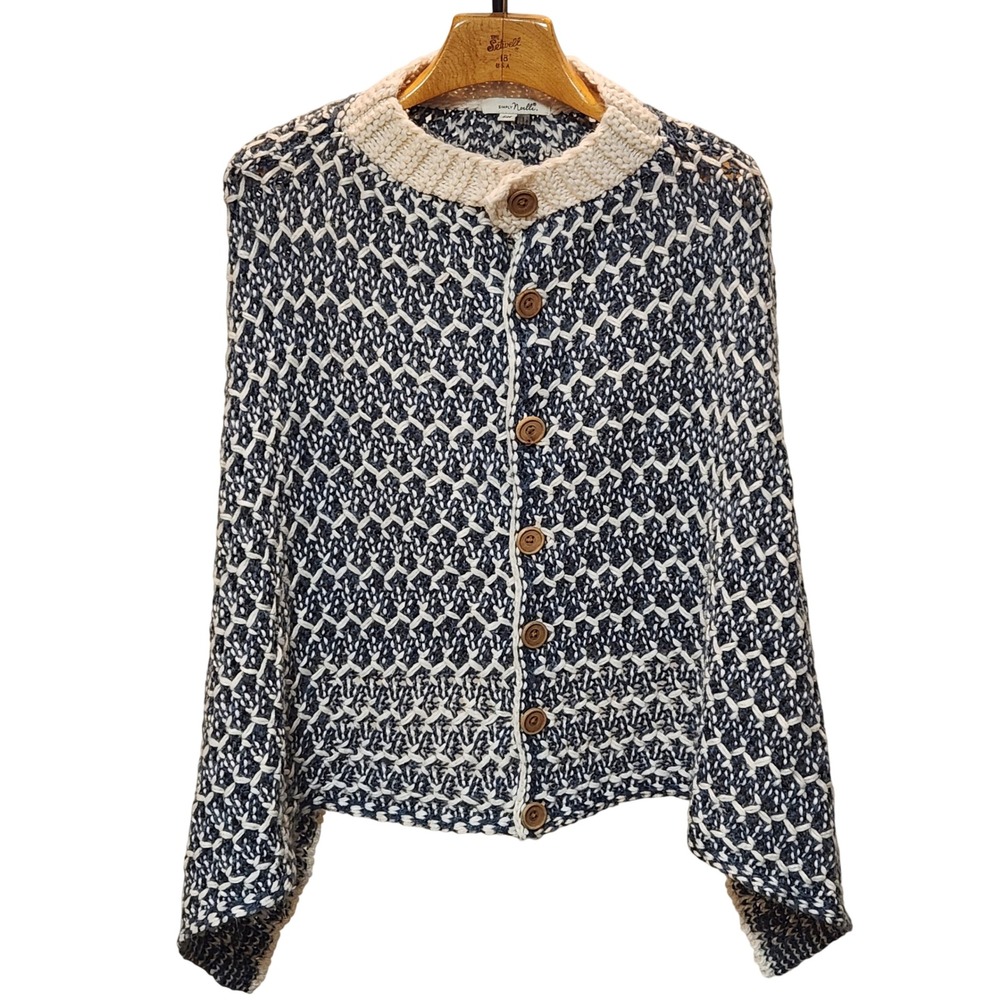 Simply Noelle Blue White Lattice Knit Button Front Poncho One Size Wrap Boho
